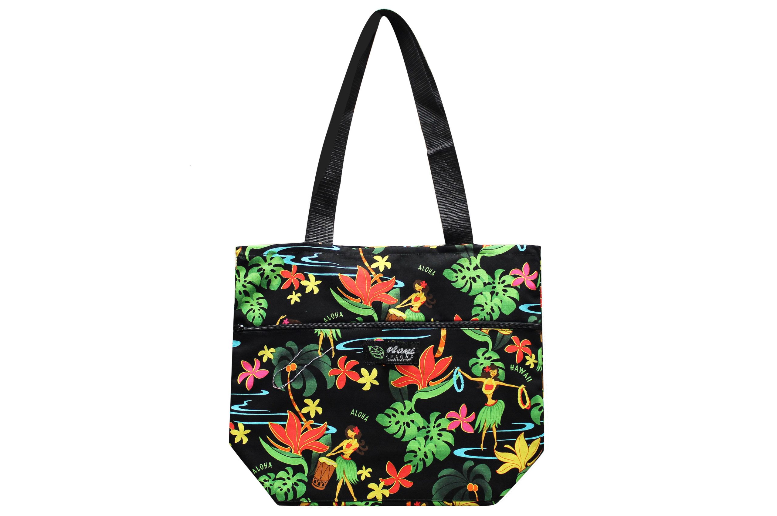 Tote Bag Zipper L - Hawaiian Hula Girl Black - Hawaii Fabric Mart