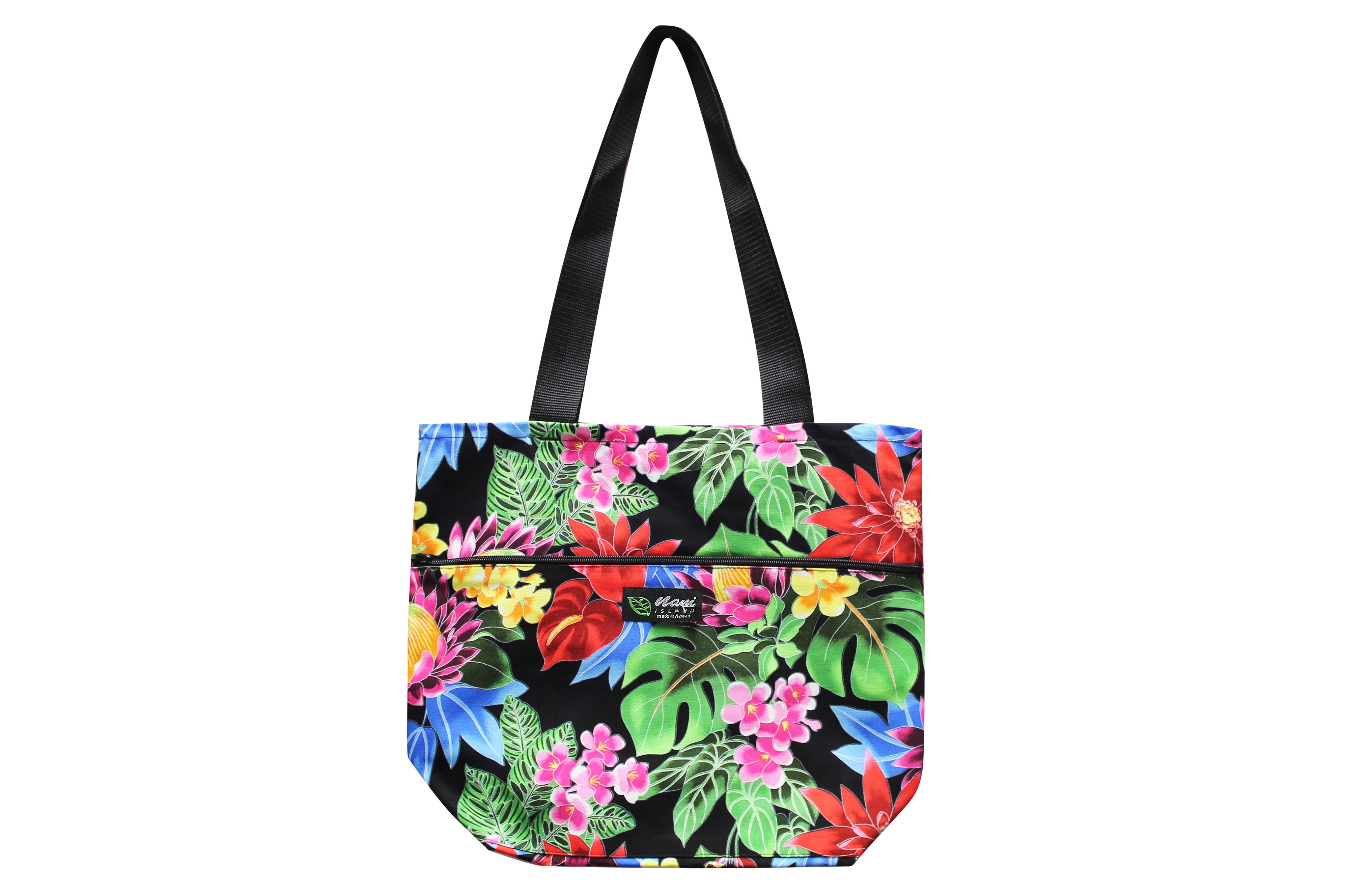Hawaii Fabric Mart » Tote Bag Zipper L – Hawaiian Garden Black